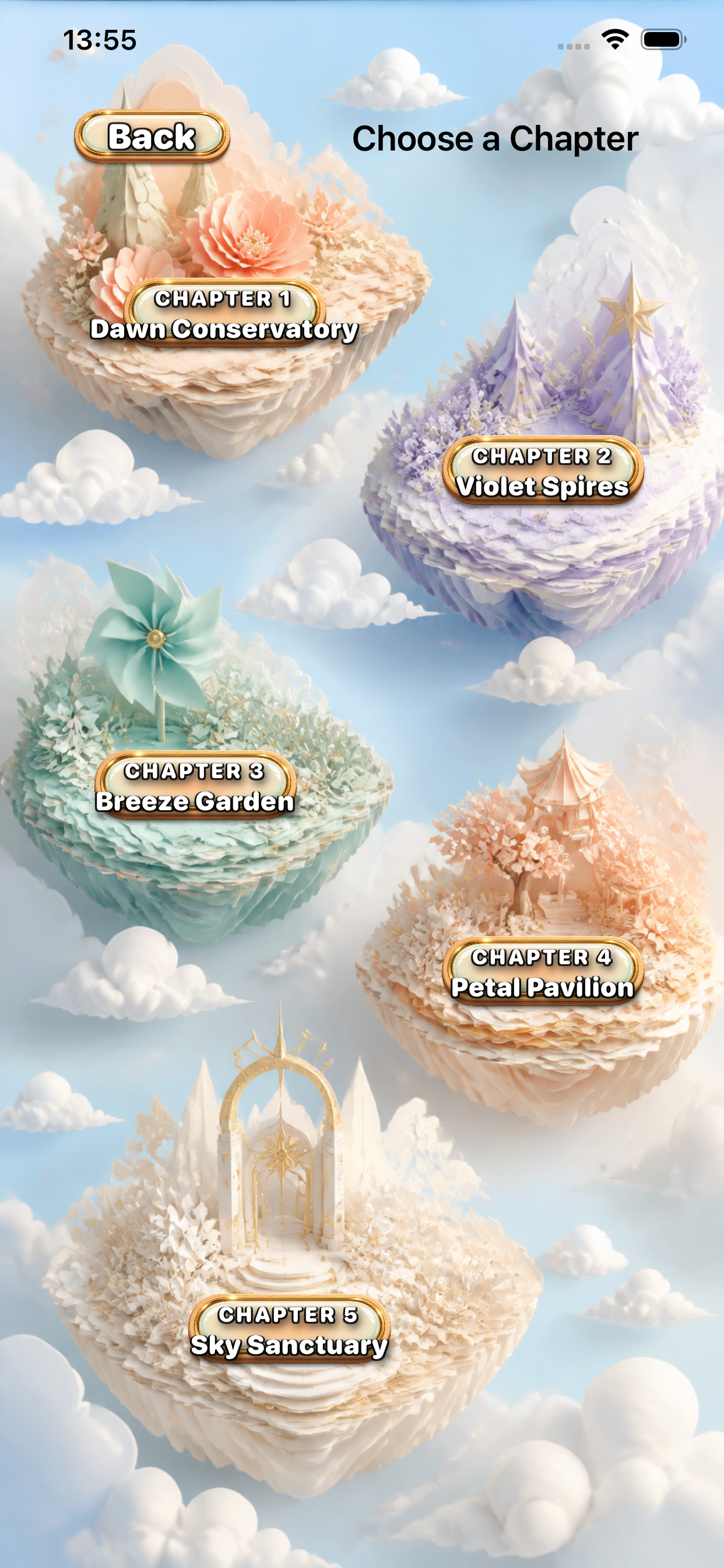 Five floating chapter islands in Hush and Hover